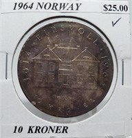 1964 NORWAY 10 SILVER KRONER