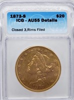 1873-S ICQ AU55 $20 GOLD DOUBLE EAGLE GRADED