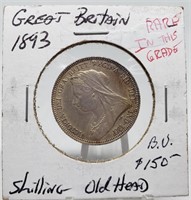 1893 GREAT BRITAIN SHILLING OLD HEAD RARE STRONG