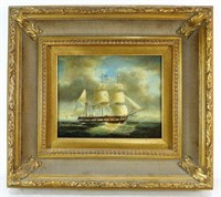 "SHIP" OIL ON CANVAS PAINTING IN GILDED FRAME