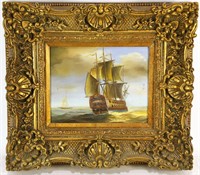 "SHIP" OIL ON PANEL PAINTING IN GILDED FRAME