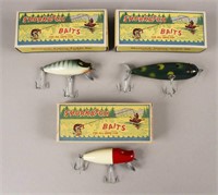 3 Vintage Shurkatch Wooden Fishing Lures in Boxes