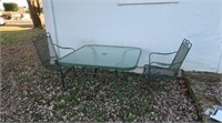 Green Metal Table w/Glass Top & 2 Chairs