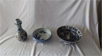 Antique Handpainted Blue China Bowls & Vase