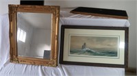 Vintage Beveled Mirror & signed Painting