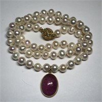 $800 14K Ruby Fw Pearl Necklace