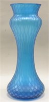 Tall Blue Satin Art Glass Vase-Diamond Pattern