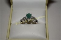 LADIES STERLING SILVER RING WITH EMERALD AND CZ