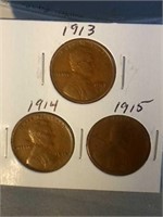 lot of 3 Lincoln pennies - 1913, 1914, and 1915