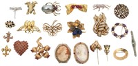 Gold Estate Pins And Brooches (22 Pieces)