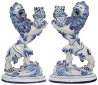 Pair of Galle Pottery Figural Lion Candle Holders