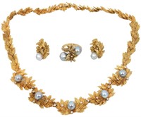 3 Piece Gold, Diamond & Pearl Jewelry Set