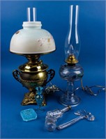 Lot of Glass Pieces & Kerosene to Electric Lamp