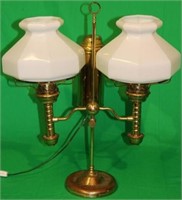 BRASS DOUBLE STUDENT LAMP W/ WHITE OPAL OCTAGONAL