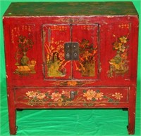 LATE 19TH C. RED PAINTED ORIENTAL CHEST W/2 SMALL