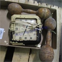 Old electric clock & dumb bells