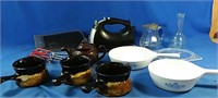 Variety of kitchen items, hand mixer, CorningWare
