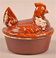 Vintage Hull Art-Pottery Hen on Nest, brown drip.