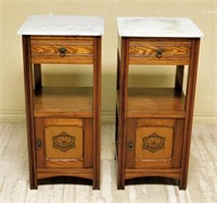 Marble Top Inlaid Pine Side Cabinets.