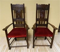 Portraits in Profile Carved Oak Tall Back Chairs.