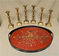 Brass Candlesticks Selection on a Decorative Tray.