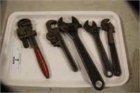 2 Small Pipe Wrenches & 3 Adjustable Wrenches