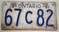 1951 Ontario License Plate