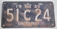 1939 Ontario  License Plate