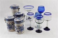 Delft Blue Hand Painted Canister Set & Stemware
