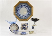 Flow Blue Plate, Bone China, Glass & Delft Blue
