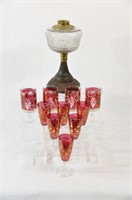 Embossed & Cast Iron Lamp & Cranberry Glasses
