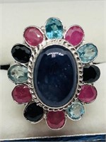 $500 S/Sil Sapphire Ruby Aquamarine Ring