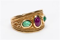 14k Yellow Gold, Ruby, & Emerald Ring "Etruscan"