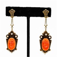 Pair, Victorian Gold Cameo & Pearl Earrings