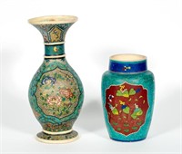 Two Japanese Cloisonne on Porcelain Vases