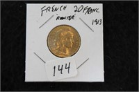 1913 BU 20 FRENCH FRANC GOLD COIN ROOSTER ON THE