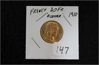 1910 - 20 FRENCH FRANCS GOLD COIN ROOSTER ON THE