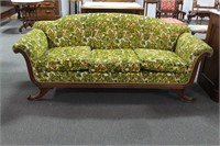 ANTIQUE SOFA WITH GREEN, FLORAL UPHOSTERY