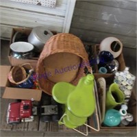 Basket, semi toy truck, vases, lamp
