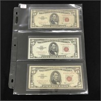 Three 1953 C $5 US Notes, Red Seals