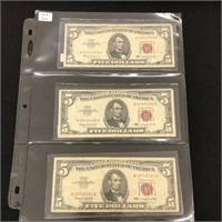 Three 1963 $5 US Notes, Red Seals