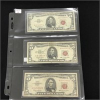 Three 1963 $5 US Notes, Red Seals