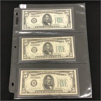 Three 1934 D $5 US Federal Reserve Notes