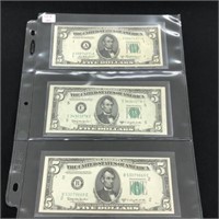 Three 1950 $5 US Federal Reserve Notes