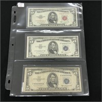 Three 1953 B $5 US Bills