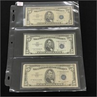 Three 1953 B $5 Silver Certificates, Blue Seals