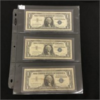 Three 1957B $1 US Silver Certificates