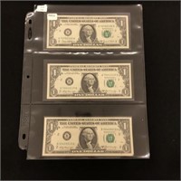 Three 1969B $1 US Federal Reserve Notes