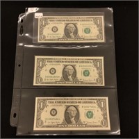 Three 1977 A $1 US Federal Reserve Notes