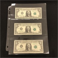 Three 1977 A $1 US Federal Reserve Notes